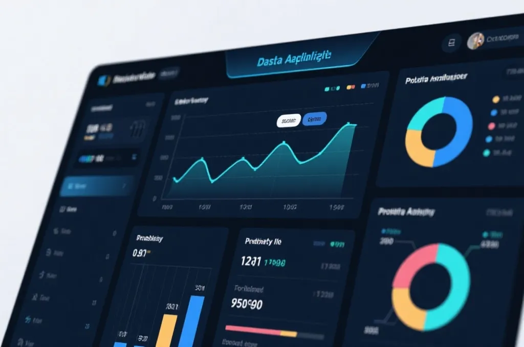 Abstract data analytics dashboard showing statistical charts, line graphs, and metrics for probability analysis